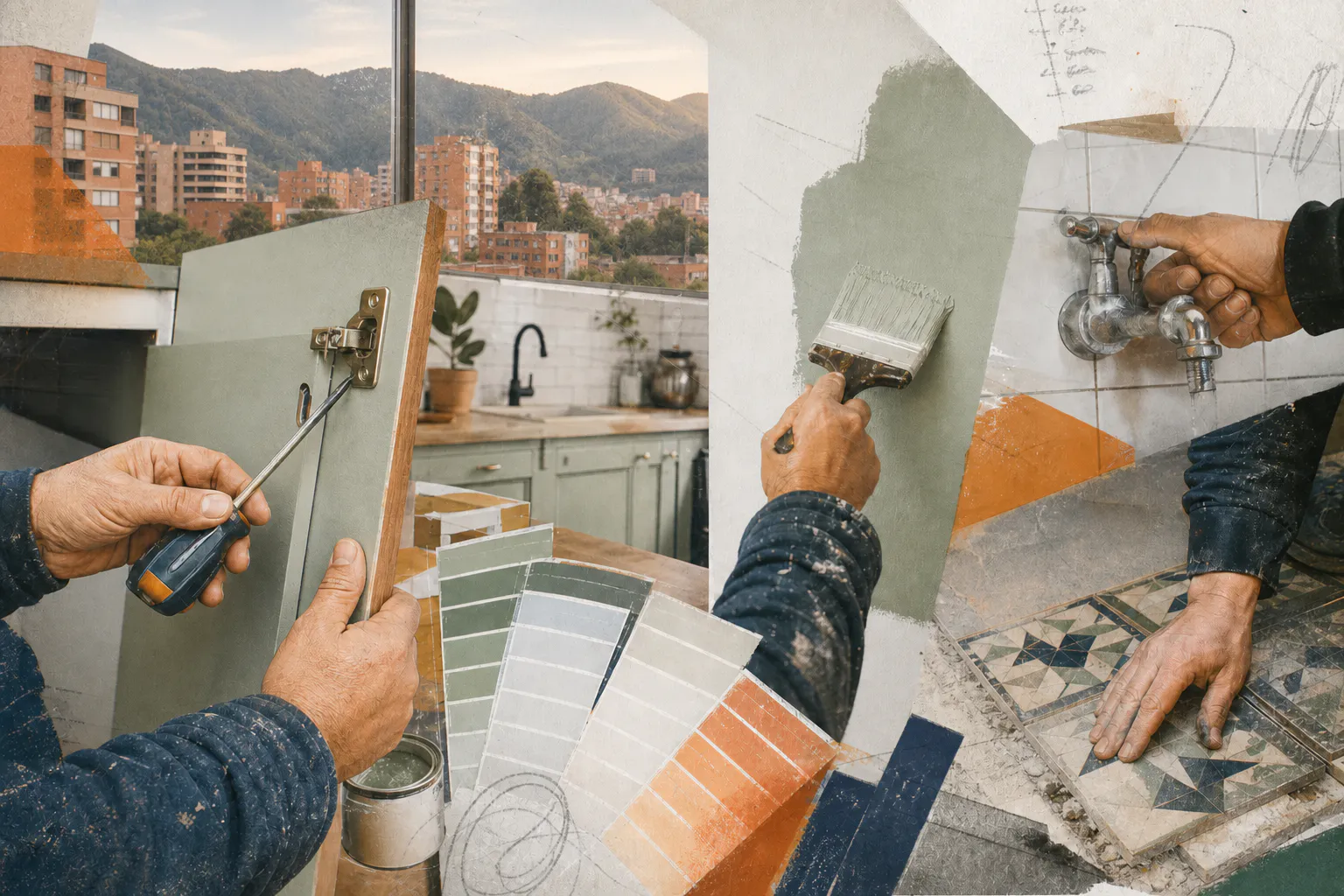 Manos expertas realizando arreglos locativos con vista urbana de Bogotá