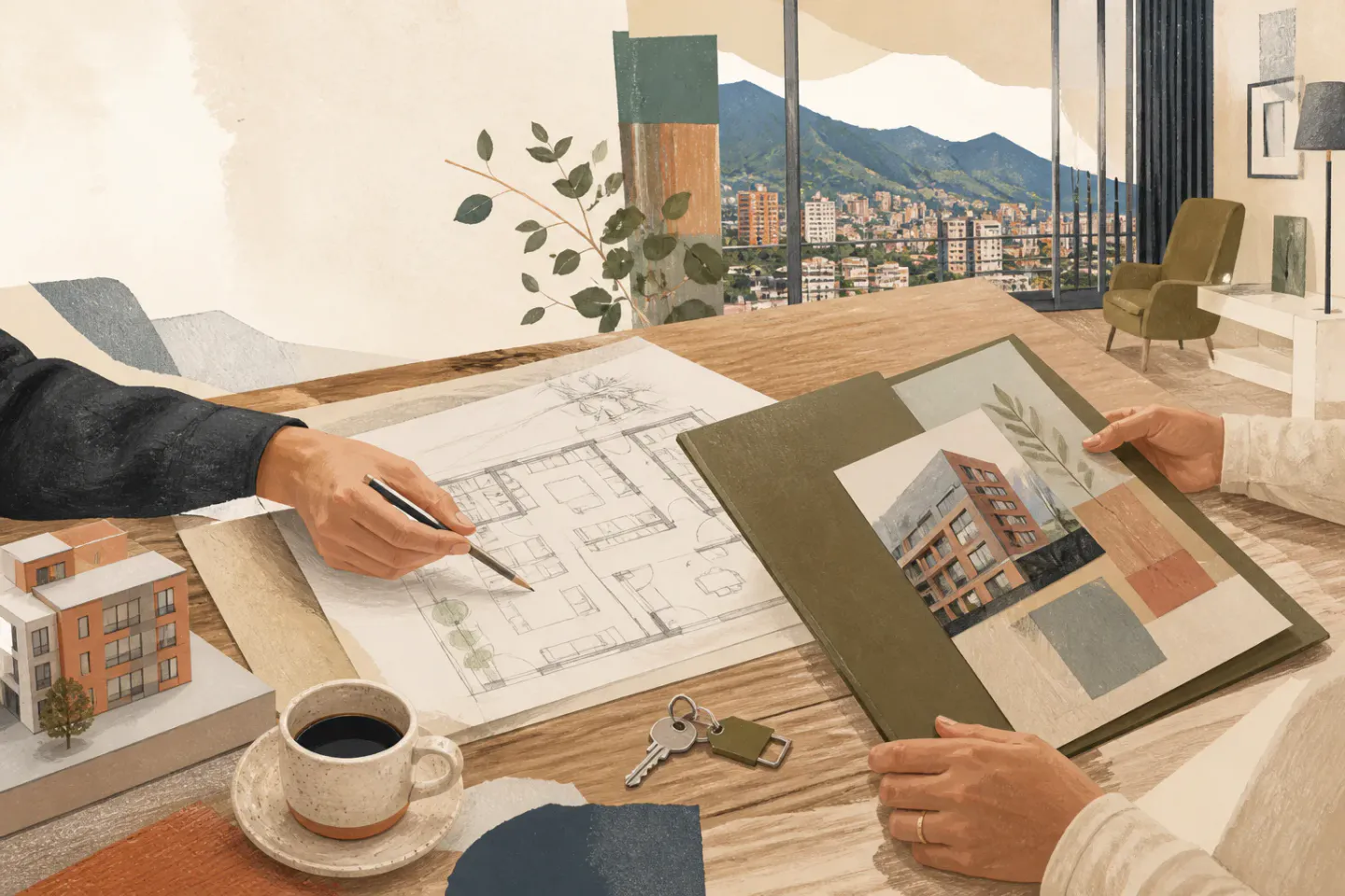 Conversación de venta inmobiliaria con planos, llaves y vista de Bogotá